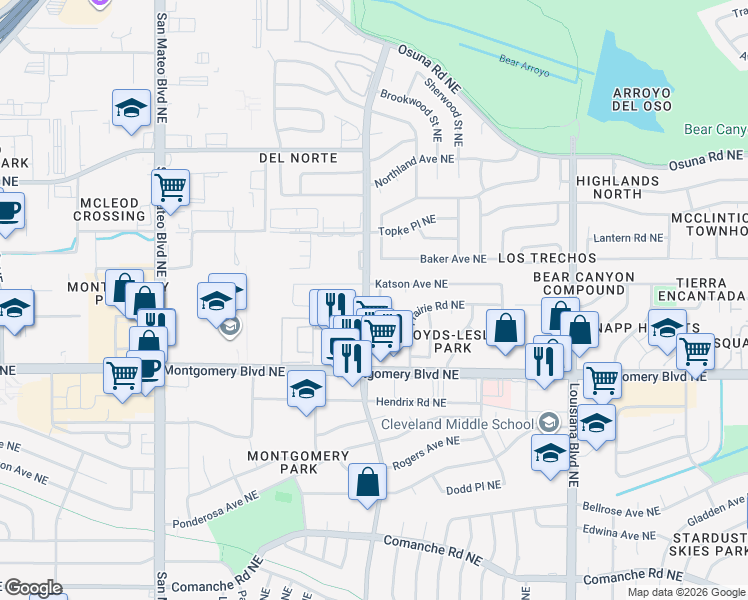 map of restaurants, bars, coffee shops, grocery stores, and more near 4209 San Pedro Drive Northeast in Albuquerque