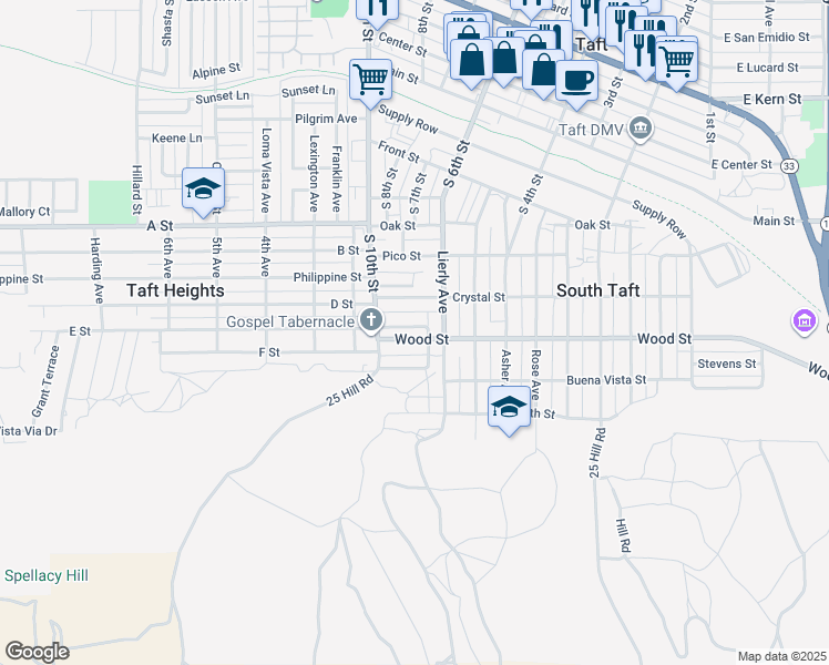 map of restaurants, bars, coffee shops, grocery stores, and more near 128 Wood Street in Taft