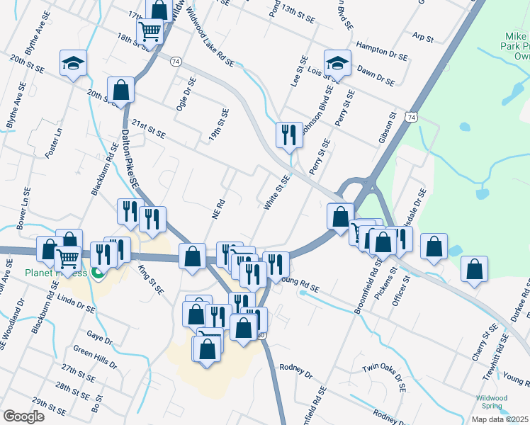 map of restaurants, bars, coffee shops, grocery stores, and more near 1955 White Street Southeast in Cleveland