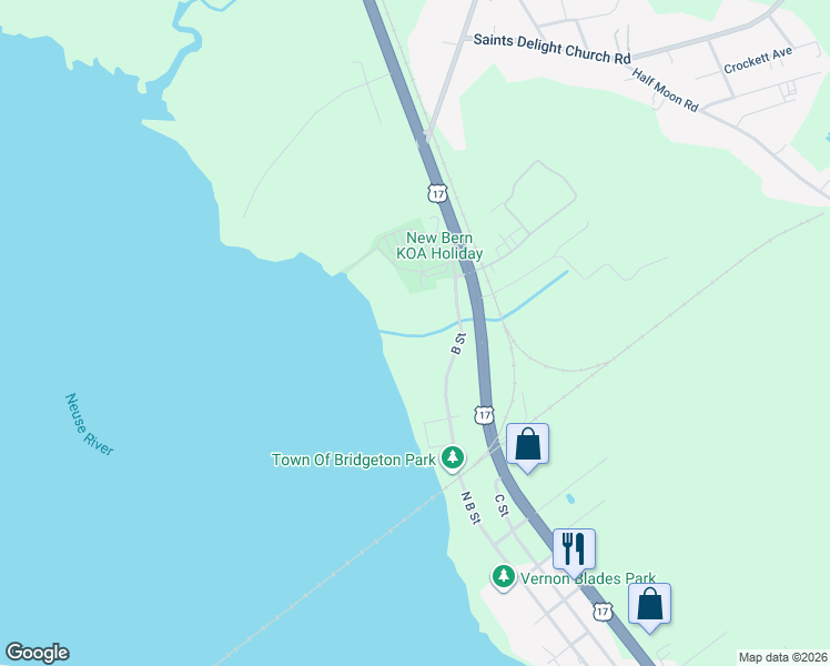 map of restaurants, bars, coffee shops, grocery stores, and more near 1467 B Street in New Bern