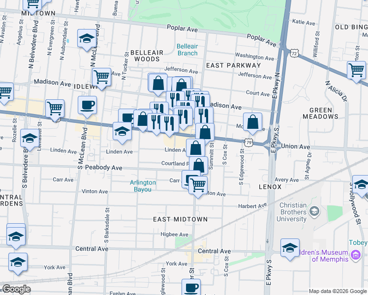 map of restaurants, bars, coffee shops, grocery stores, and more near 2117 Linden Avenue in Memphis