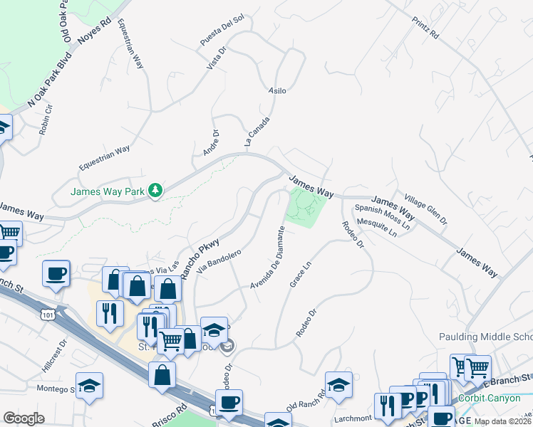 map of restaurants, bars, coffee shops, grocery stores, and more near 187 Via Bandolero in Arroyo Grande