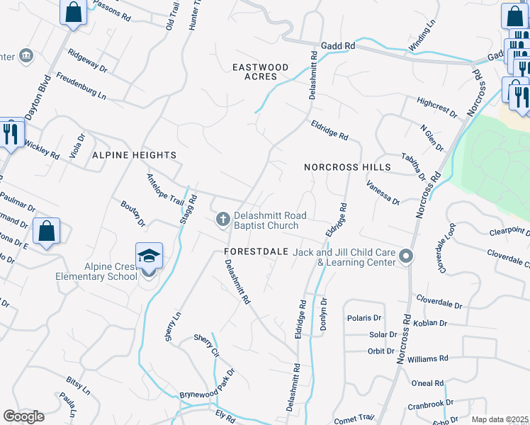 map of restaurants, bars, coffee shops, grocery stores, and more near 4848 Brighton Lane in Chattanooga