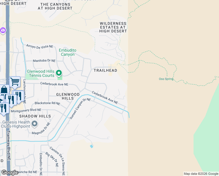 map of restaurants, bars, coffee shops, grocery stores, and more near 13461 Desert Hills Place Northeast in Albuquerque