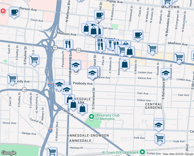 map of restaurants, bars, coffee shops, grocery stores, and more near 1357 Vance Avenue in Memphis