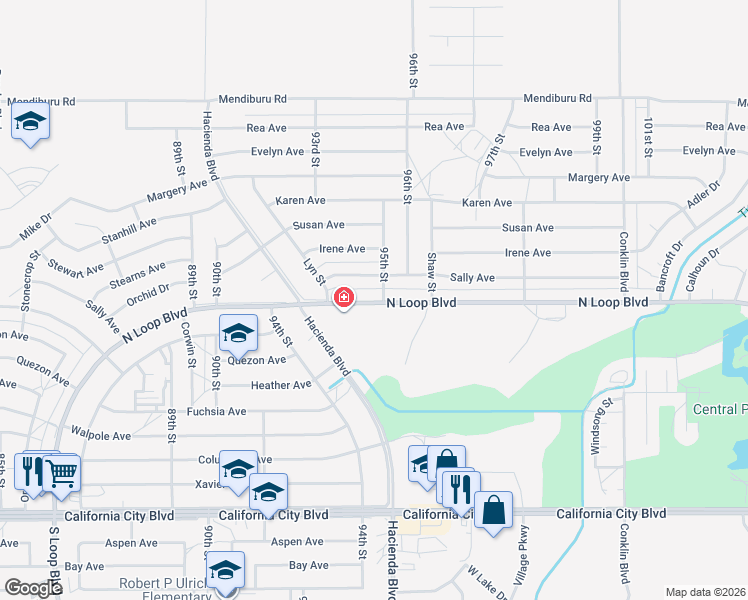 map of restaurants, bars, coffee shops, grocery stores, and more near 9501 North Loop Boulevard in California City