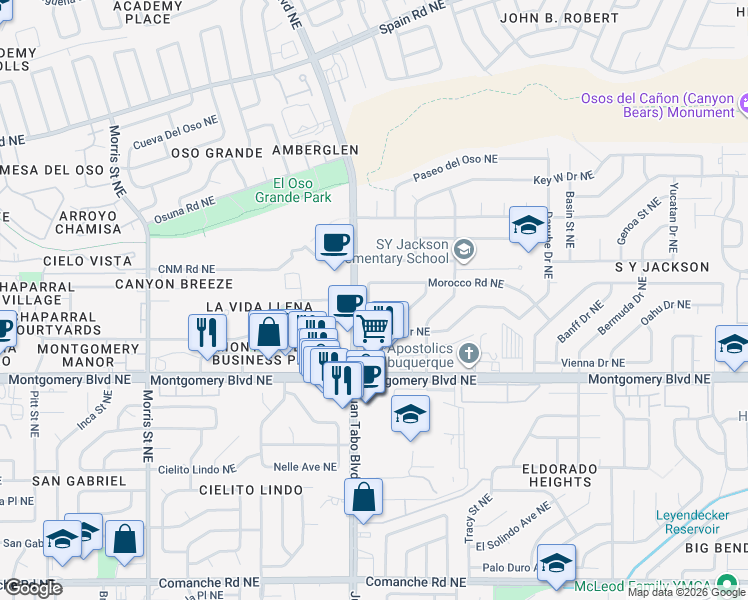 map of restaurants, bars, coffee shops, grocery stores, and more near 4604 Algiers Drive Northeast in Albuquerque