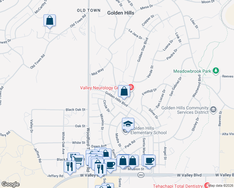 map of restaurants, bars, coffee shops, grocery stores, and more near 21630 Brook Drive in Tehachapi