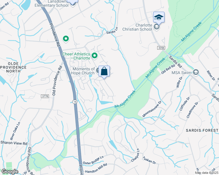 map of restaurants, bars, coffee shops, grocery stores, and more near 6625 Providence Square Drive in Charlotte