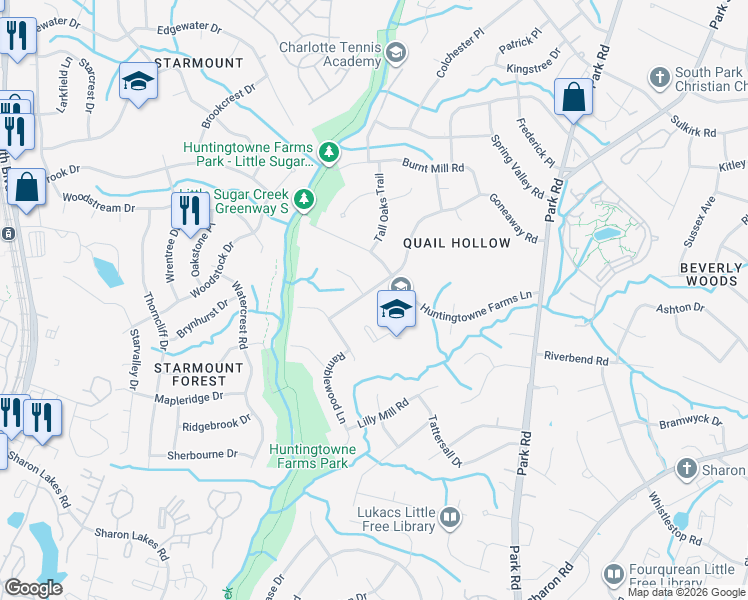 map of restaurants, bars, coffee shops, grocery stores, and more near 2520 Huntingtowne Farms Lane in Charlotte