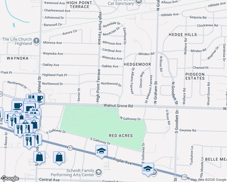map of restaurants, bars, coffee shops, grocery stores, and more near 49 Eastland Drive in Memphis
