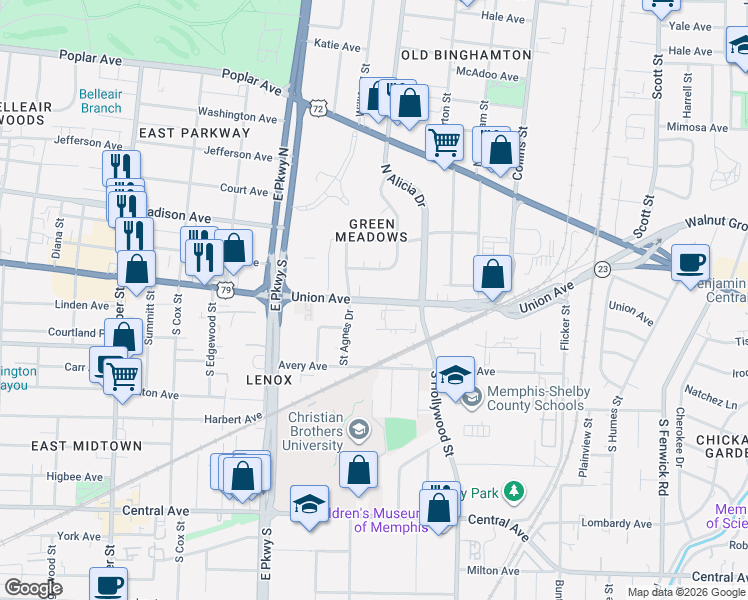 map of restaurants, bars, coffee shops, grocery stores, and more near Highway 1 in Memphis