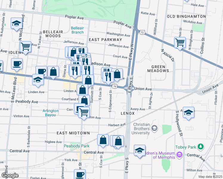 map of restaurants, bars, coffee shops, grocery stores, and more near 181 South Edgewood Street in Memphis