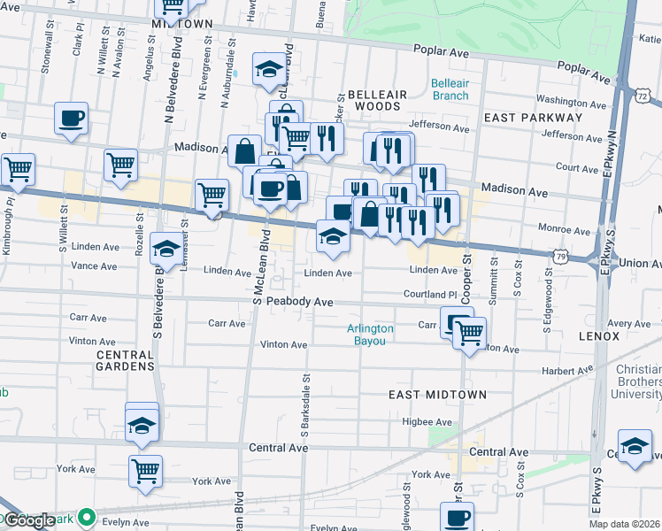map of restaurants, bars, coffee shops, grocery stores, and more near 1943 Linden Avenue in Memphis