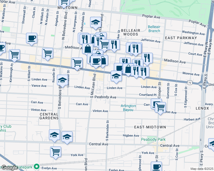 map of restaurants, bars, coffee shops, grocery stores, and more near 1895 Linden Avenue in Memphis