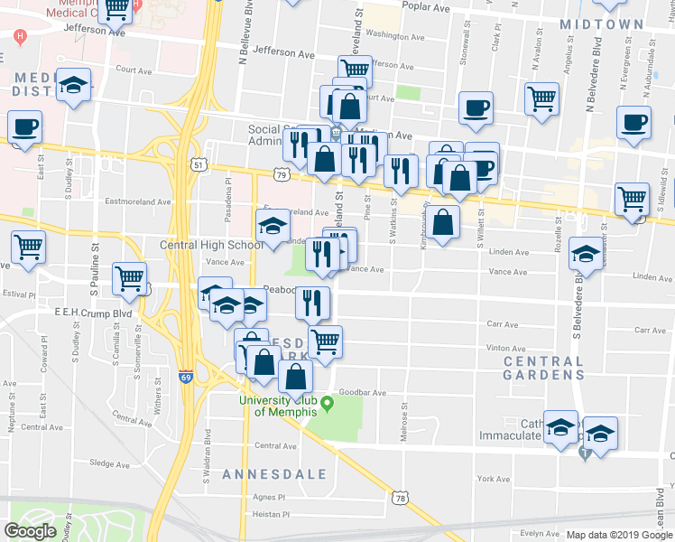 map of restaurants, bars, coffee shops, grocery stores, and more near 1350 Peabody Avenue in Memphis