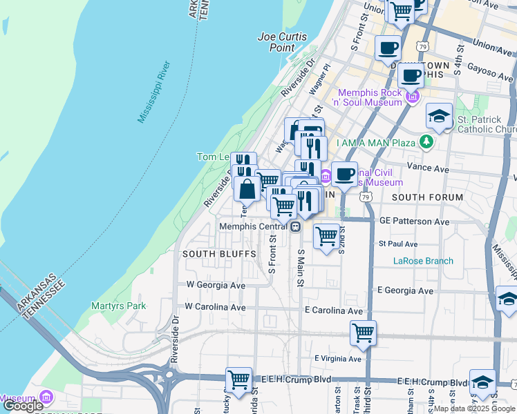 map of restaurants, bars, coffee shops, grocery stores, and more near 6 West GE Patterson Avenue in Memphis