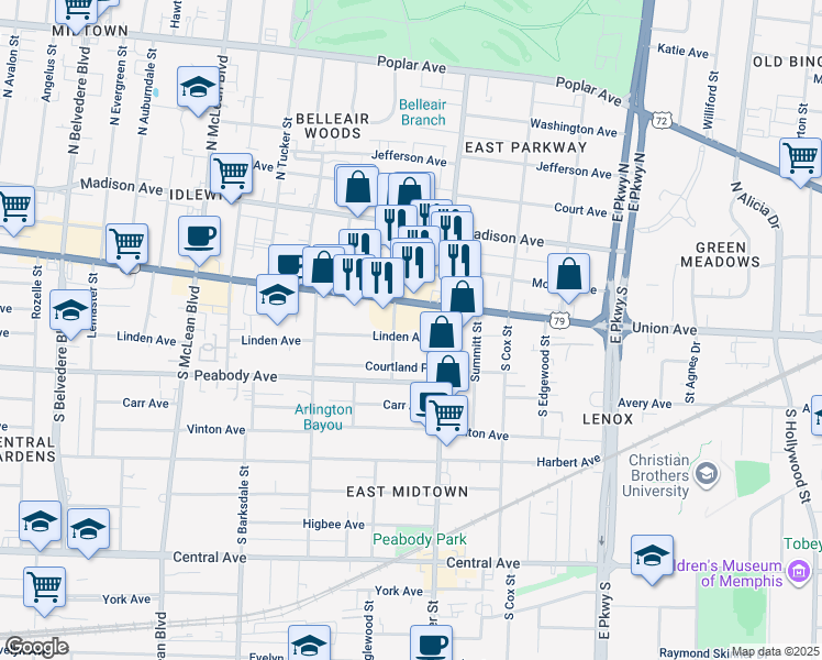 map of restaurants, bars, coffee shops, grocery stores, and more near 2117 Linden Avenue in Memphis