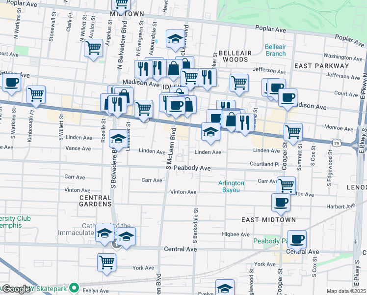 map of restaurants, bars, coffee shops, grocery stores, and more near 232 South McLean Boulevard in Memphis