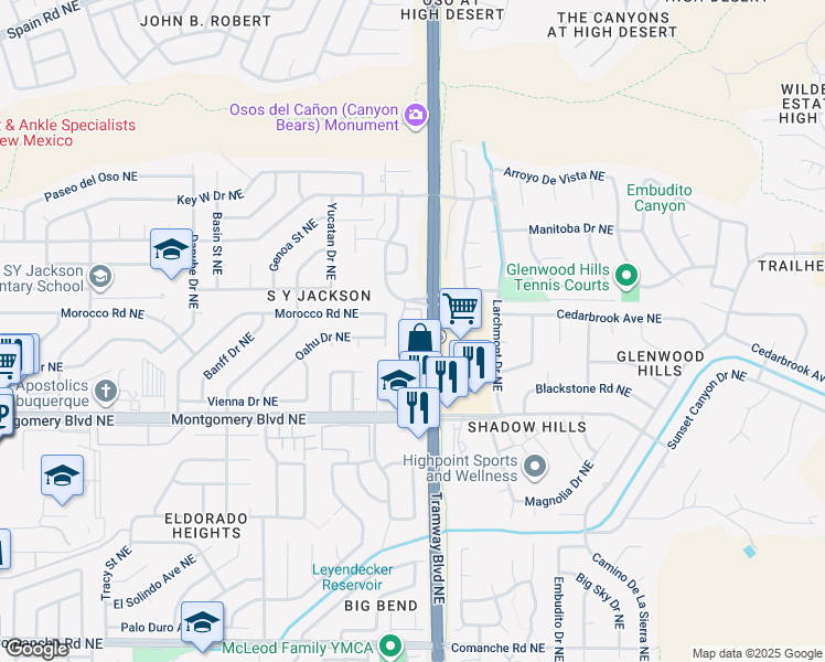 map of restaurants, bars, coffee shops, grocery stores, and more near 4777 Tramway Boulevard Northeast in Albuquerque