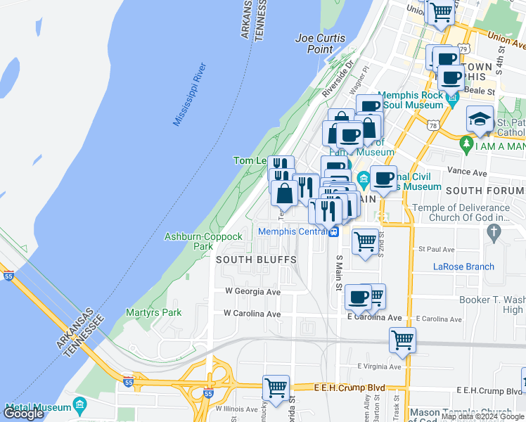 map of restaurants, bars, coffee shops, grocery stores, and more near 486 Monteigne Boulevard in Memphis