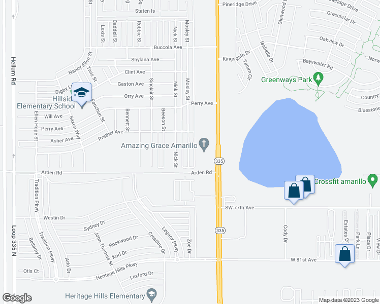 map of restaurants, bars, coffee shops, grocery stores, and more near 7315 Mosley Street in Amarillo