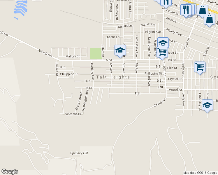 map of restaurants, bars, coffee shops, grocery stores, and more near E St & 6th Ave in Taft