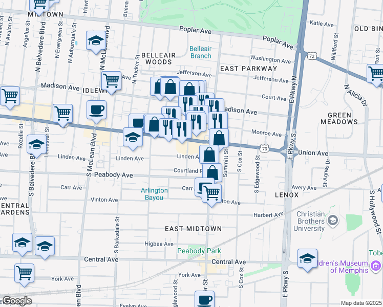 map of restaurants, bars, coffee shops, grocery stores, and more near 2084 Linden Avenue in Memphis