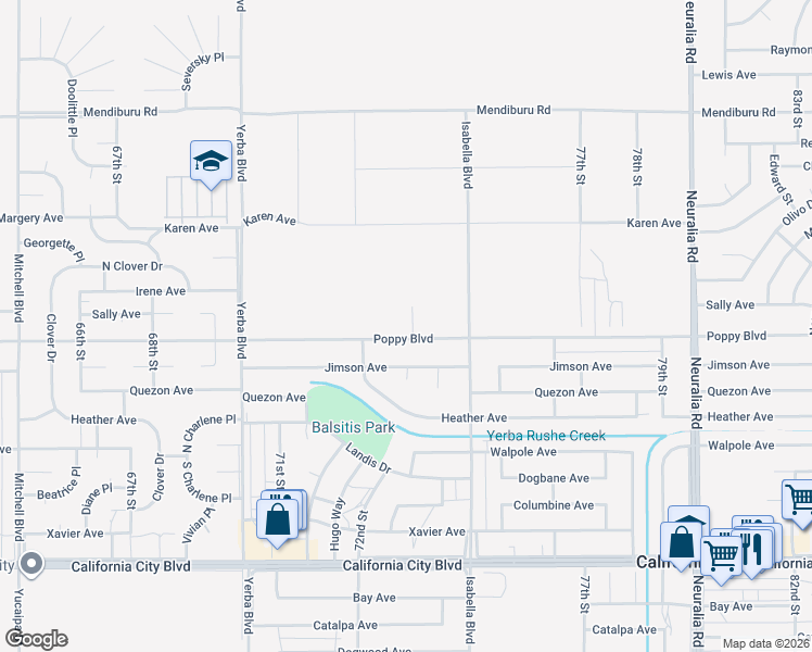 map of restaurants, bars, coffee shops, grocery stores, and more near 7313 Poppy Boulevard in California City
