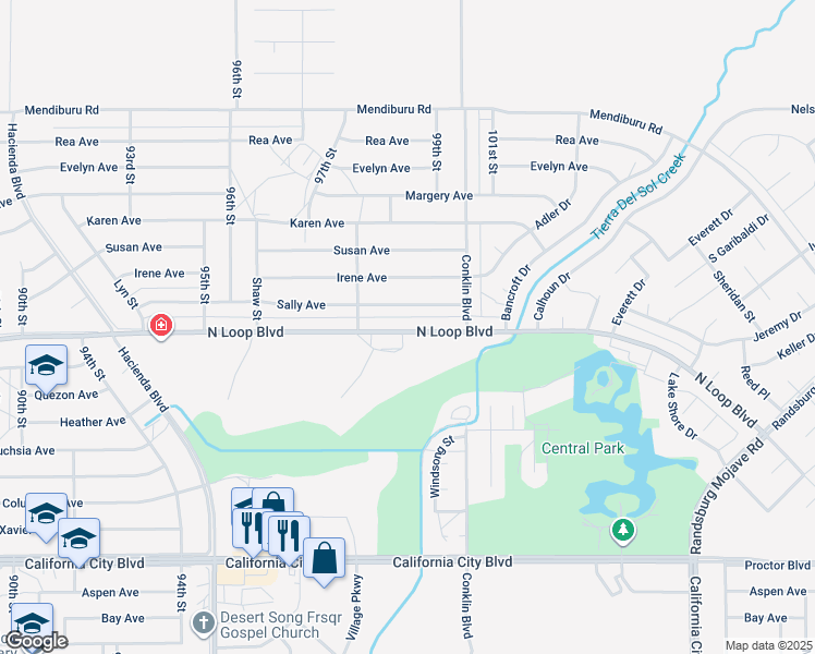 map of restaurants, bars, coffee shops, grocery stores, and more near 9909 North Loop Boulevard in California City