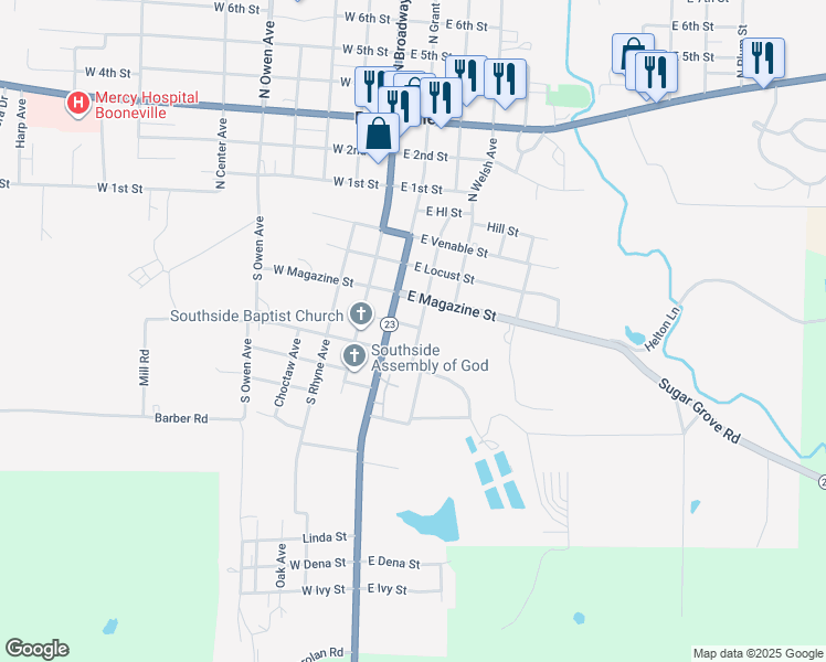 map of restaurants, bars, coffee shops, grocery stores, and more near 511 South Walnut Avenue in Booneville
