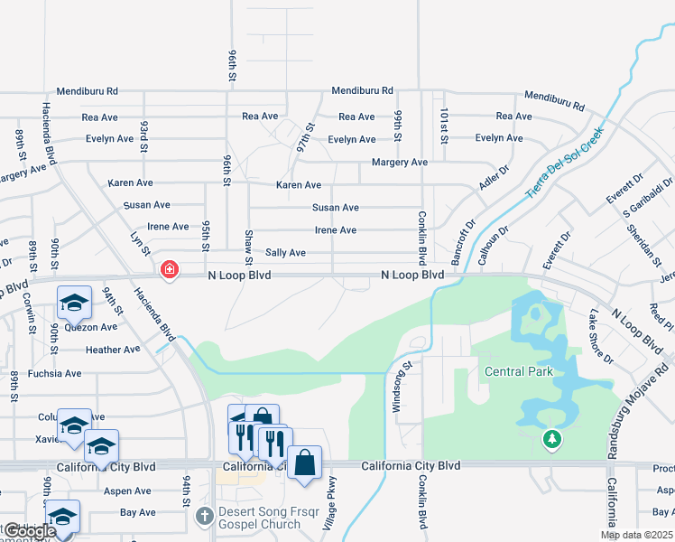 map of restaurants, bars, coffee shops, grocery stores, and more near 9801 North Loop Boulevard in California City