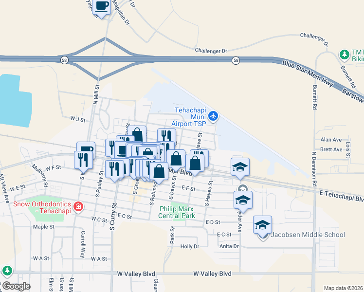 map of restaurants, bars, coffee shops, grocery stores, and more near 219 East H Street in Tehachapi