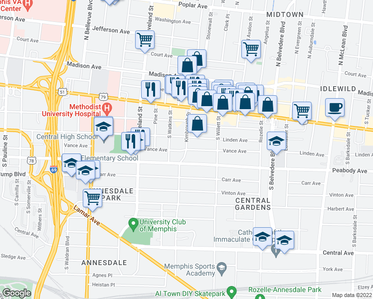 map of restaurants, bars, coffee shops, grocery stores, and more near Vance Ave & Kimbrough Pl in Memphis