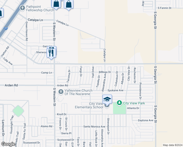map of restaurants, bars, coffee shops, grocery stores, and more near 7400 Vail Drive in Amarillo