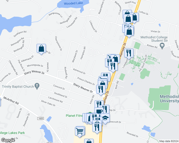 map of restaurants, bars, coffee shops, grocery stores, and more near 3058 Candlelight Drive in Fayetteville