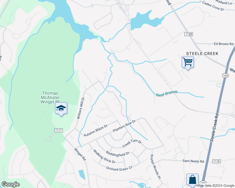 map of restaurants, bars, coffee shops, grocery stores, and more near 3933 Planters Watch Drive in Charlotte
