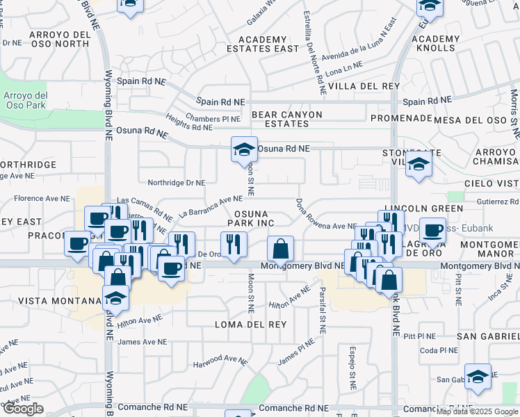 map of restaurants, bars, coffee shops, grocery stores, and more near 9122 Las Camas Road Northeast in Albuquerque
