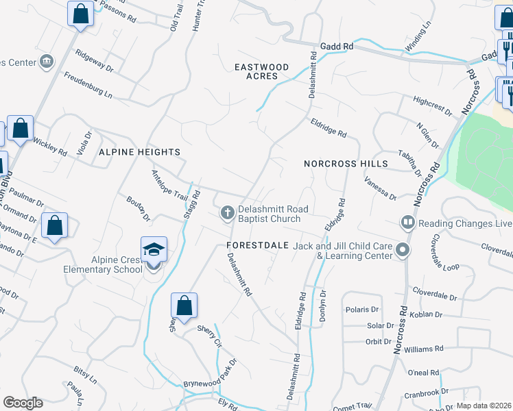 map of restaurants, bars, coffee shops, grocery stores, and more near 4802 Delashmitt Road in Chattanooga