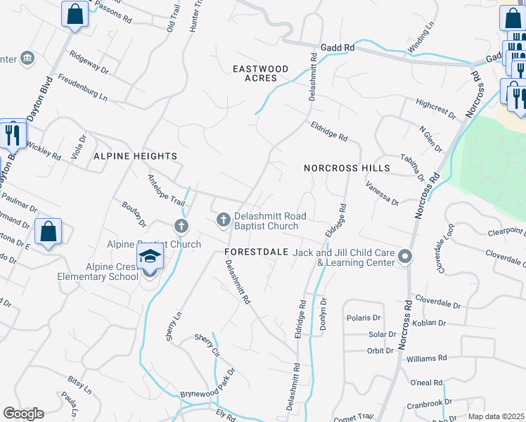 map of restaurants, bars, coffee shops, grocery stores, and more near 4844 Brighton Lane in Chattanooga