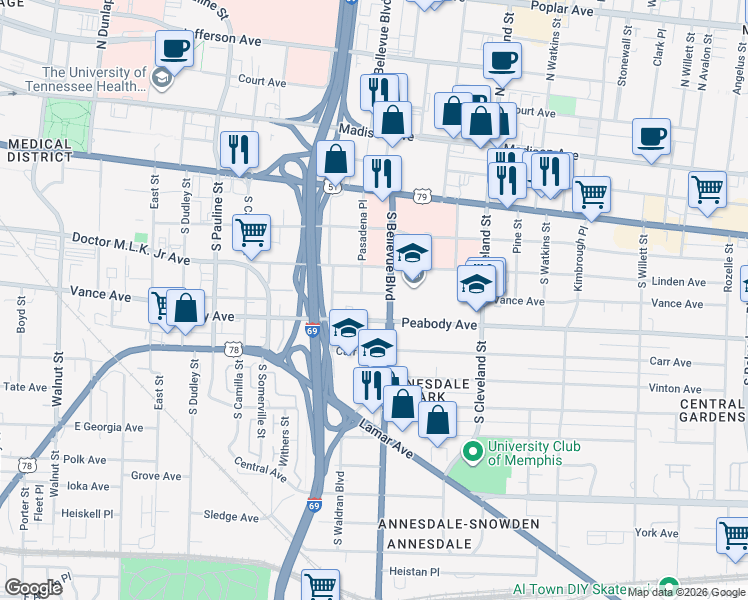 map of restaurants, bars, coffee shops, grocery stores, and more near 1205 Vance Avenue in Memphis