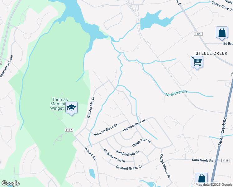 map of restaurants, bars, coffee shops, grocery stores, and more near 10615 Spring Rain Court in Charlotte