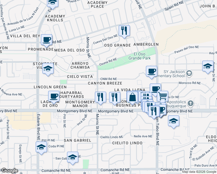 map of restaurants, bars, coffee shops, grocery stores, and more near 4440 Morris Street Northeast in Albuquerque