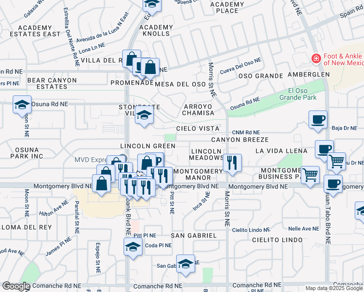 map of restaurants, bars, coffee shops, grocery stores, and more near 10101 Lagrima De Oro Road Northeast in Albuquerque