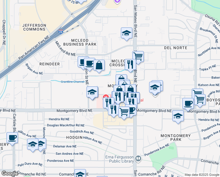map of restaurants, bars, coffee shops, grocery stores, and more near 103 Hospital Loop NE in Albuquerque