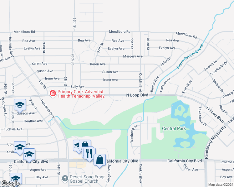 map of restaurants, bars, coffee shops, grocery stores, and more near 9909 North Loop Boulevard in California City