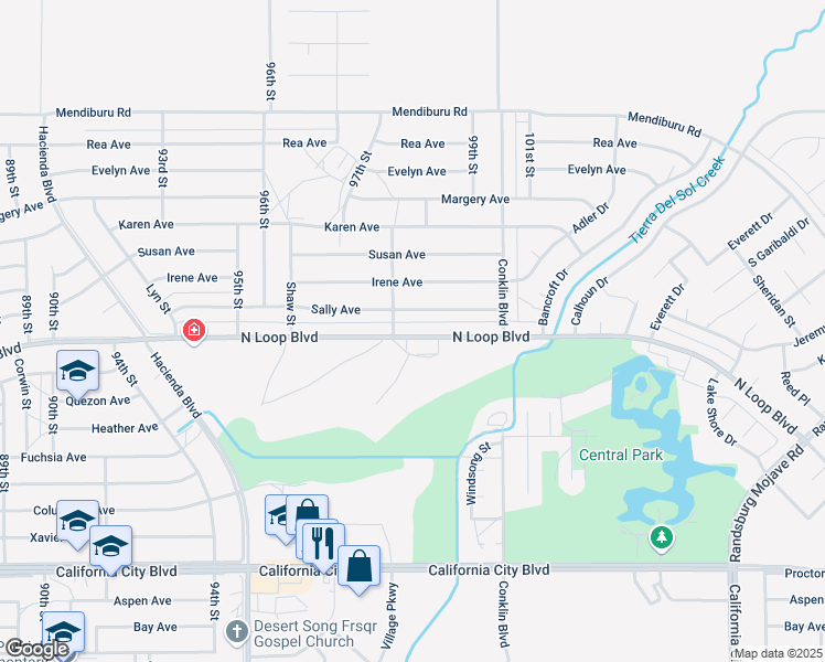 map of restaurants, bars, coffee shops, grocery stores, and more near 9801 North Loop Boulevard in California City