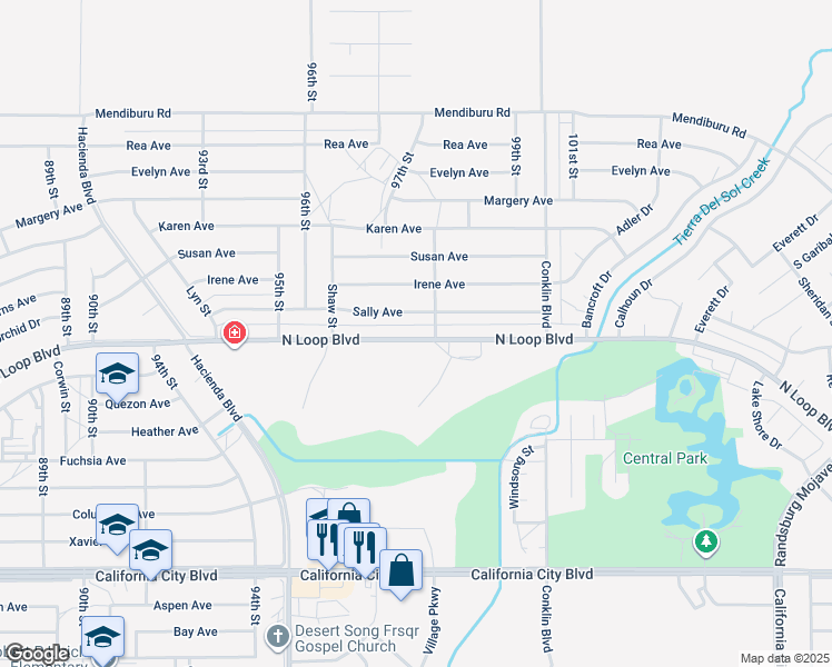 map of restaurants, bars, coffee shops, grocery stores, and more near 9733 North Loop Boulevard in California City