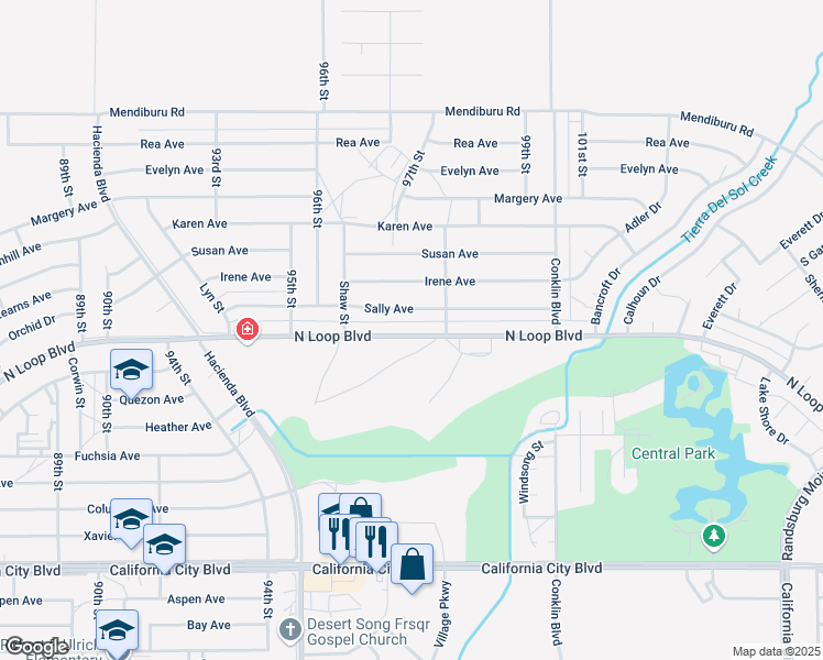 map of restaurants, bars, coffee shops, grocery stores, and more near 9733 North Loop Boulevard in California City