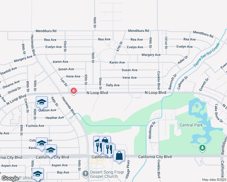 map of restaurants, bars, coffee shops, grocery stores, and more near 9633 North Loop Boulevard in California City